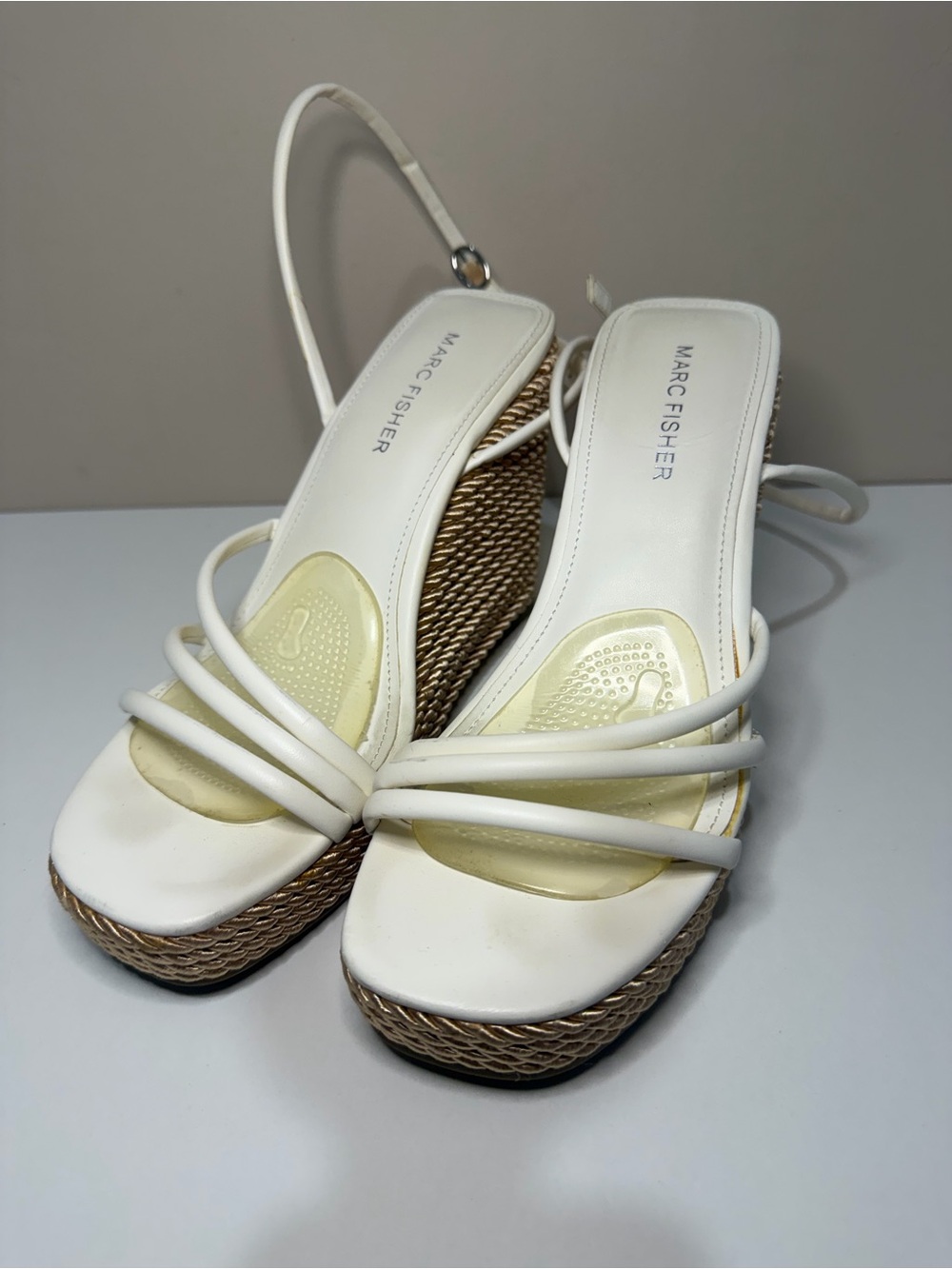 Marc Fisher White Strappy Wedge Sandals with Braided Platform